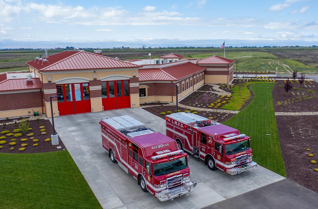 sky view looking over the Manteca County Fire Station in River Islands