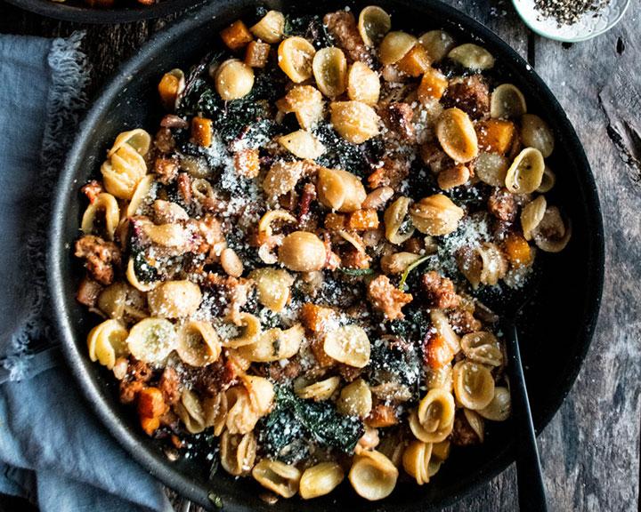 pasta in a dark bowl