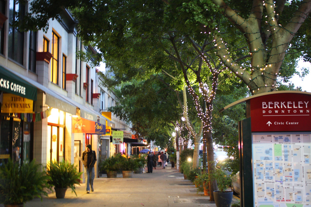 the holiday decorated boardwalk in downtown Berkeley