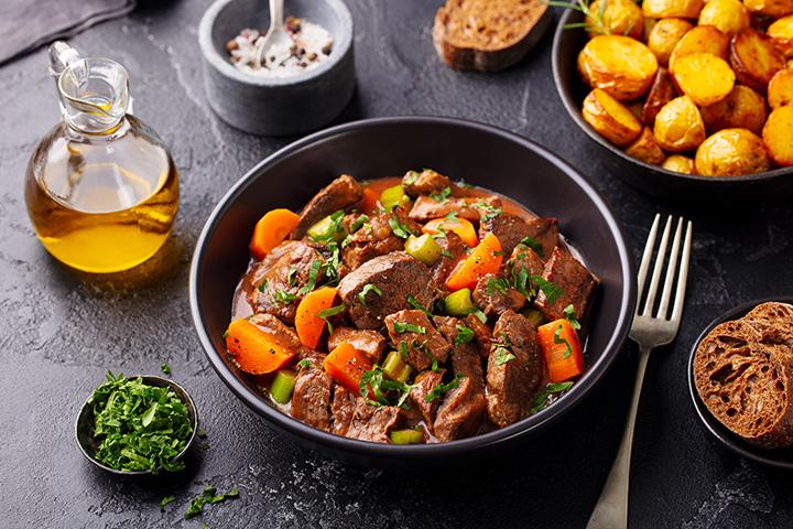 Irish stew in black bowl