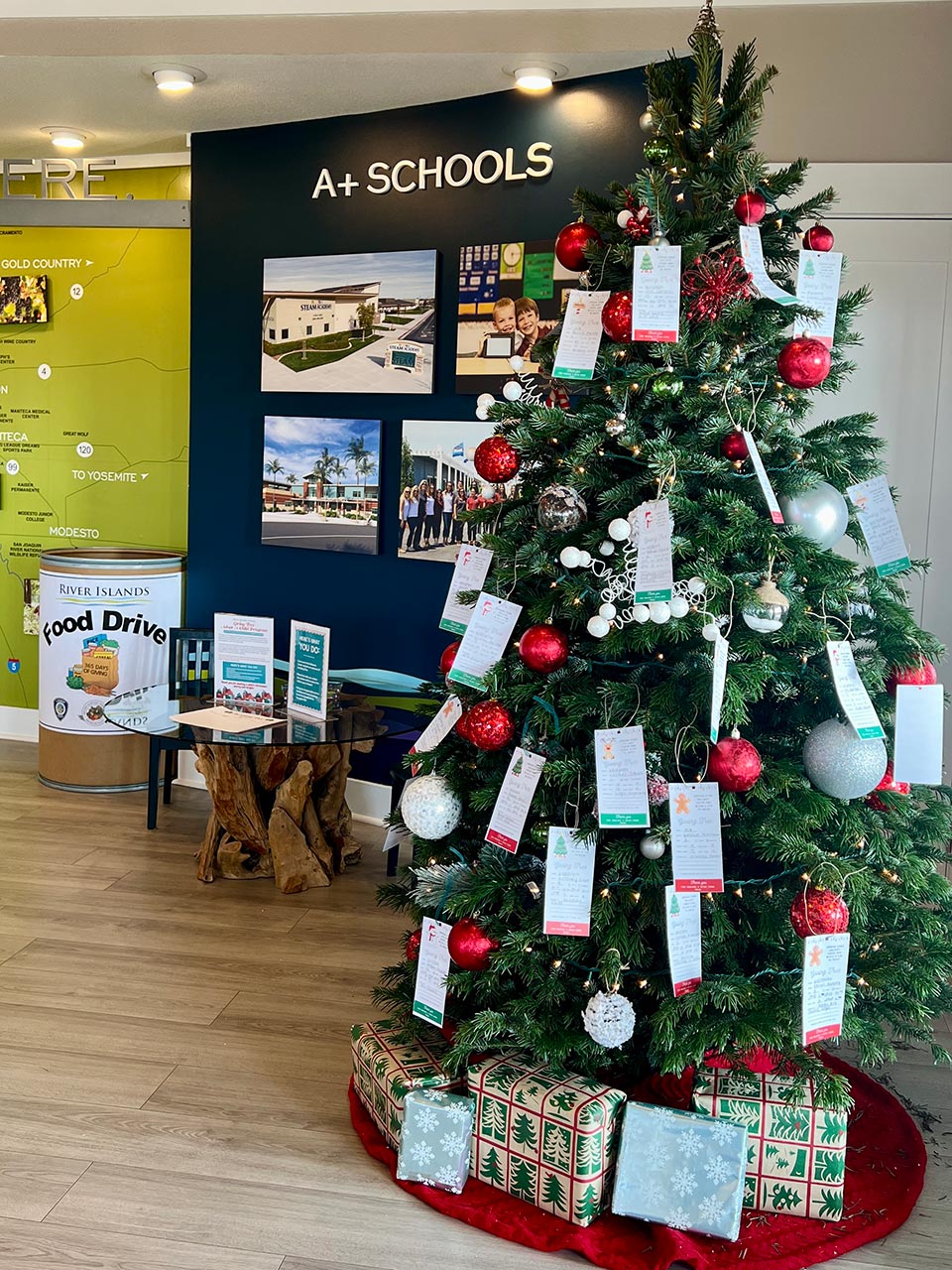 The Giving Tree decorated in the River Islands welcome center